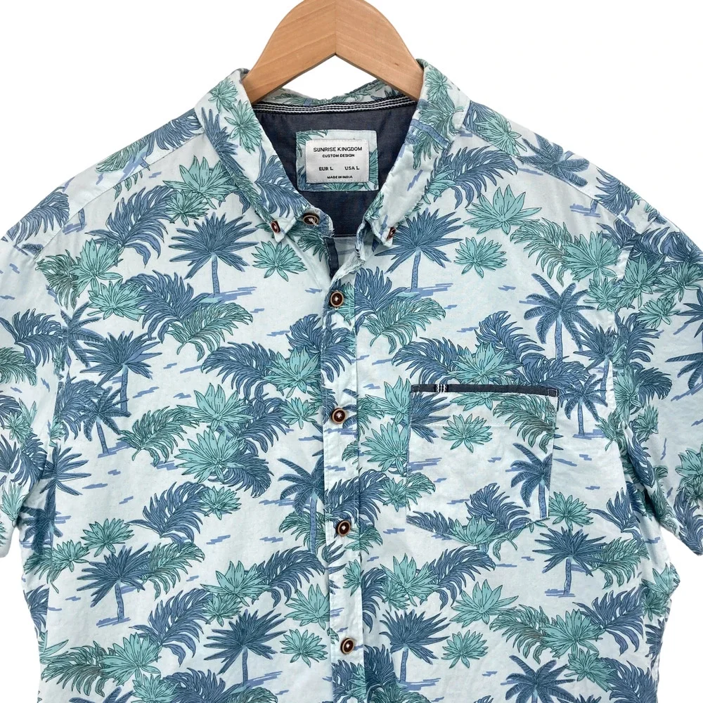 Sunrise Kingdom Palm Tree Tropical Button Down Shirt Large Men's Cotton Hawaiian